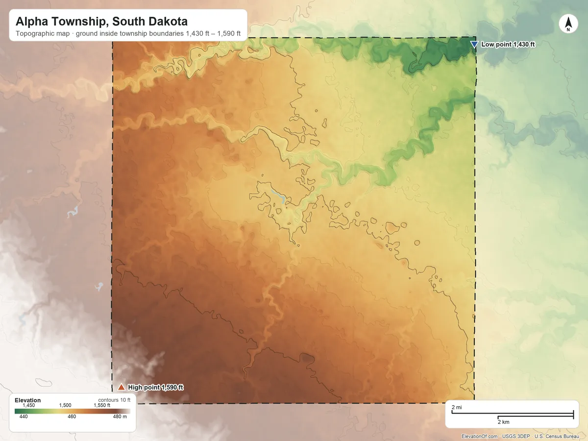 Topographic elevation map of Alpha Township, South Dakota, shaded from 1,430 ft on the northeast side to 1,590 ft on the southwest side