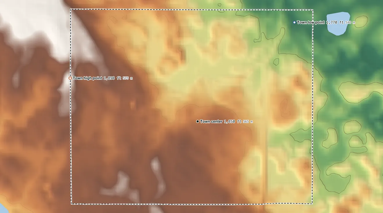 Topographic elevation map of Altamont, South Dakota, shaded from 1,770 ft on the northeast side to 1,890 ft on the west side