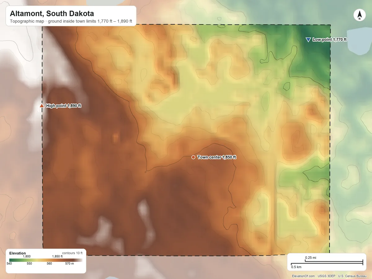 Topographic elevation map of Altamont, South Dakota, shaded from 1,770 ft on the northeast side to 1,890 ft on the west side