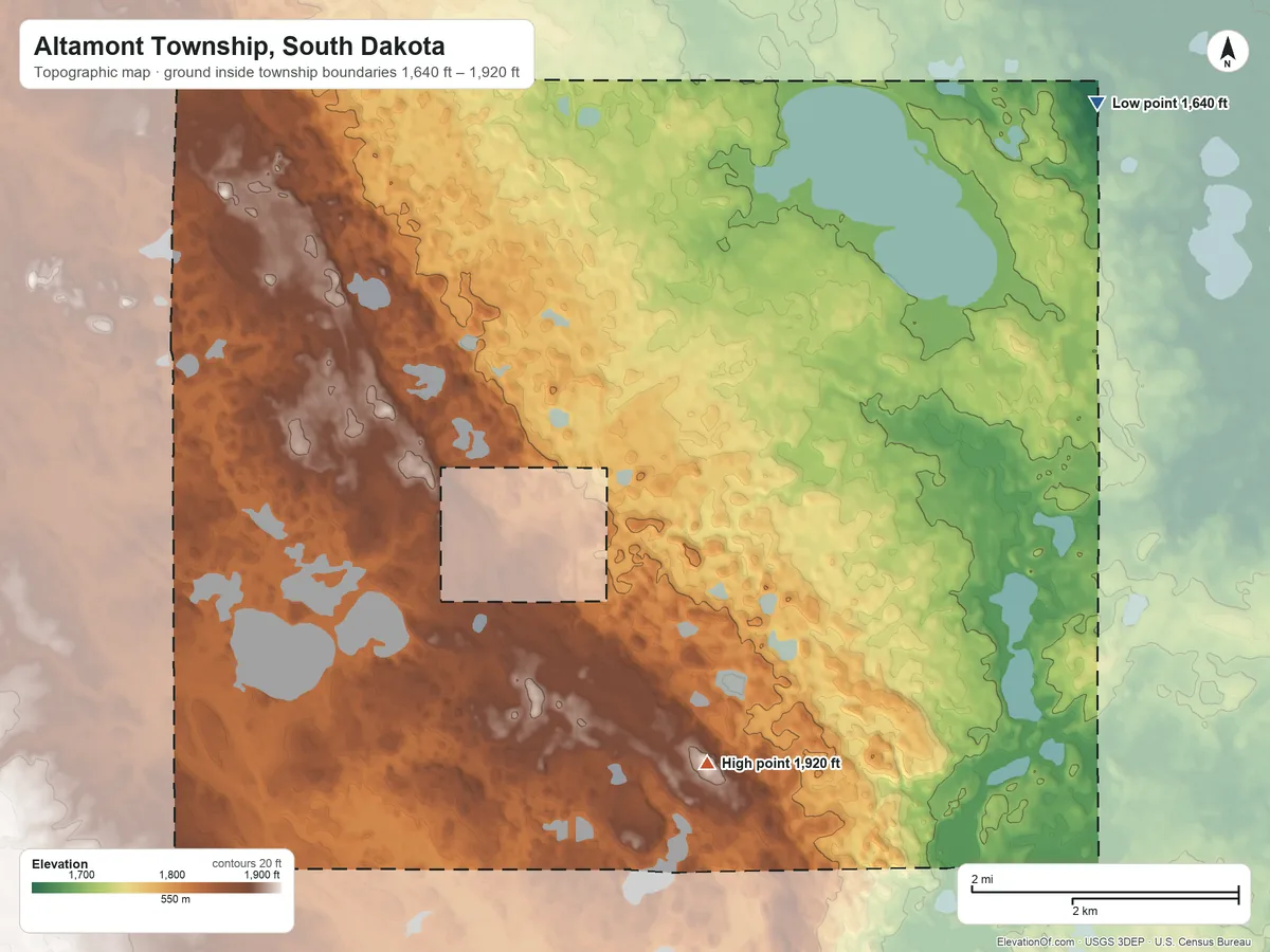 Topographic elevation map of Altamont Township, South Dakota, shaded from 1,640 ft on the northeast side to 1,920 ft on the south side