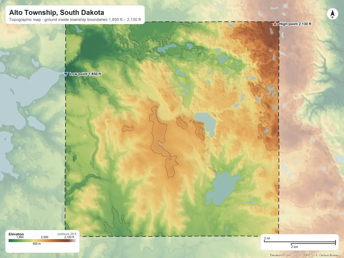Topographic elevation map of Alto Township, South Dakota, shaded from 1,850 ft on the northwest side to 2,130 ft on the northeast side