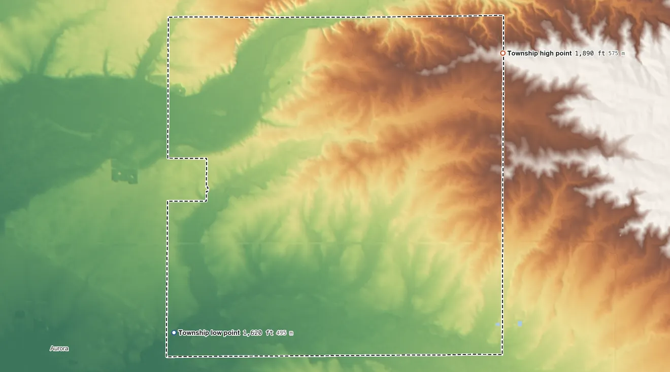 Topographic elevation map of Alton Township, South Dakota, shaded from 1,620 ft on the southwest side to 1,890 ft on the northeast side