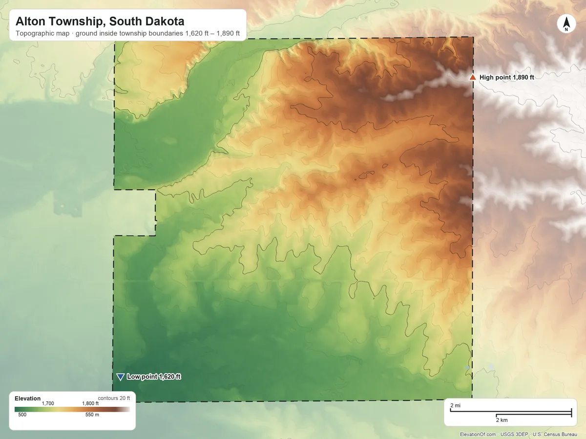 Topographic elevation map of Alton Township, South Dakota, shaded from 1,620 ft on the southwest side to 1,890 ft on the northeast side