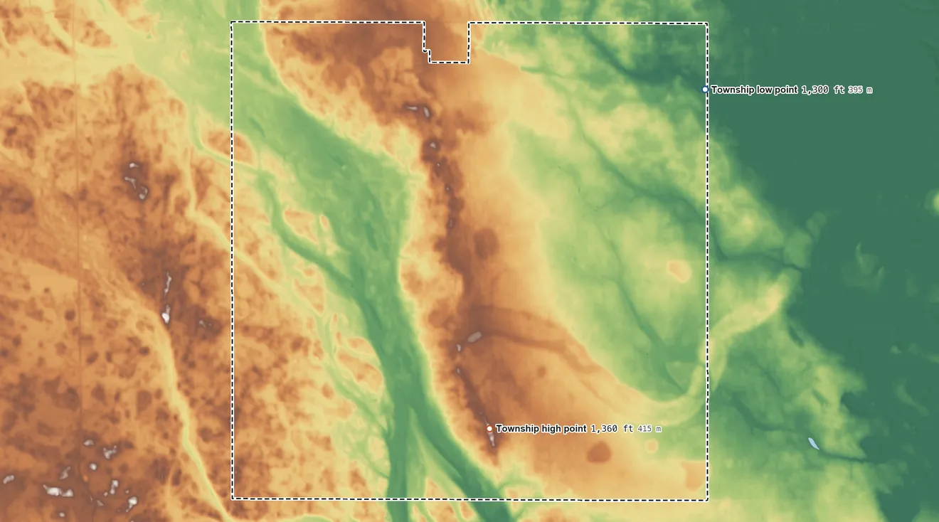 Topographic elevation map of Altoona Township, South Dakota, shaded from 1,300 ft on the northeast side to 1,360 ft on the southeast side