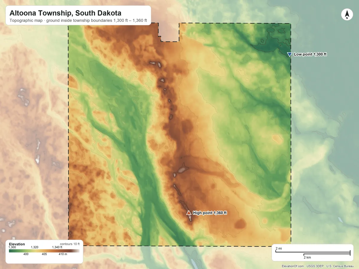 Topographic elevation map of Altoona Township, South Dakota, shaded from 1,300 ft on the northeast side to 1,360 ft on the southeast side