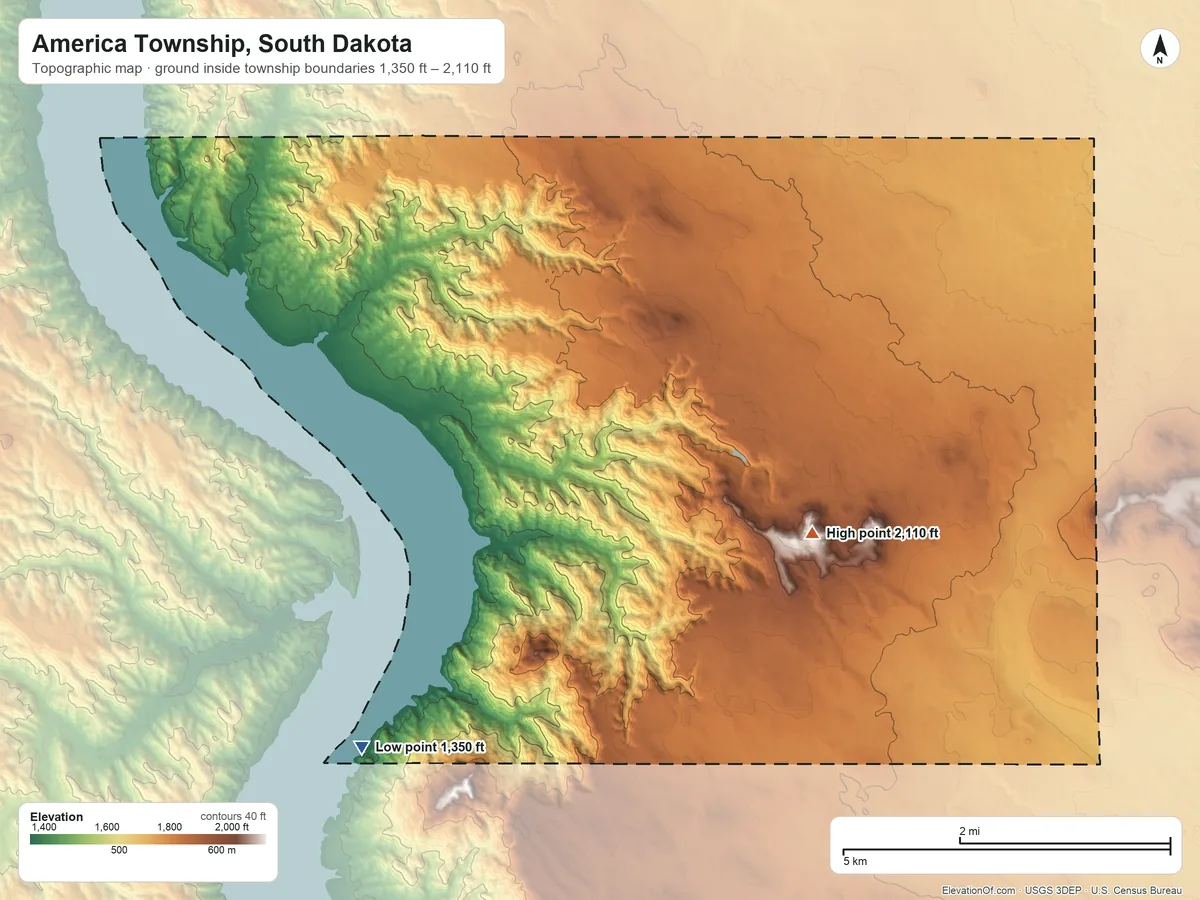 Topographic elevation map of America Township, South Dakota, shaded from 1,350 ft on the southwest side to 2,110 ft on the east side