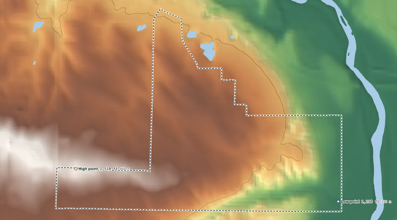 Topographic elevation map of Anderson, South Dakota, shaded from 1,280 ft on the east side to 1,510 ft on the west side