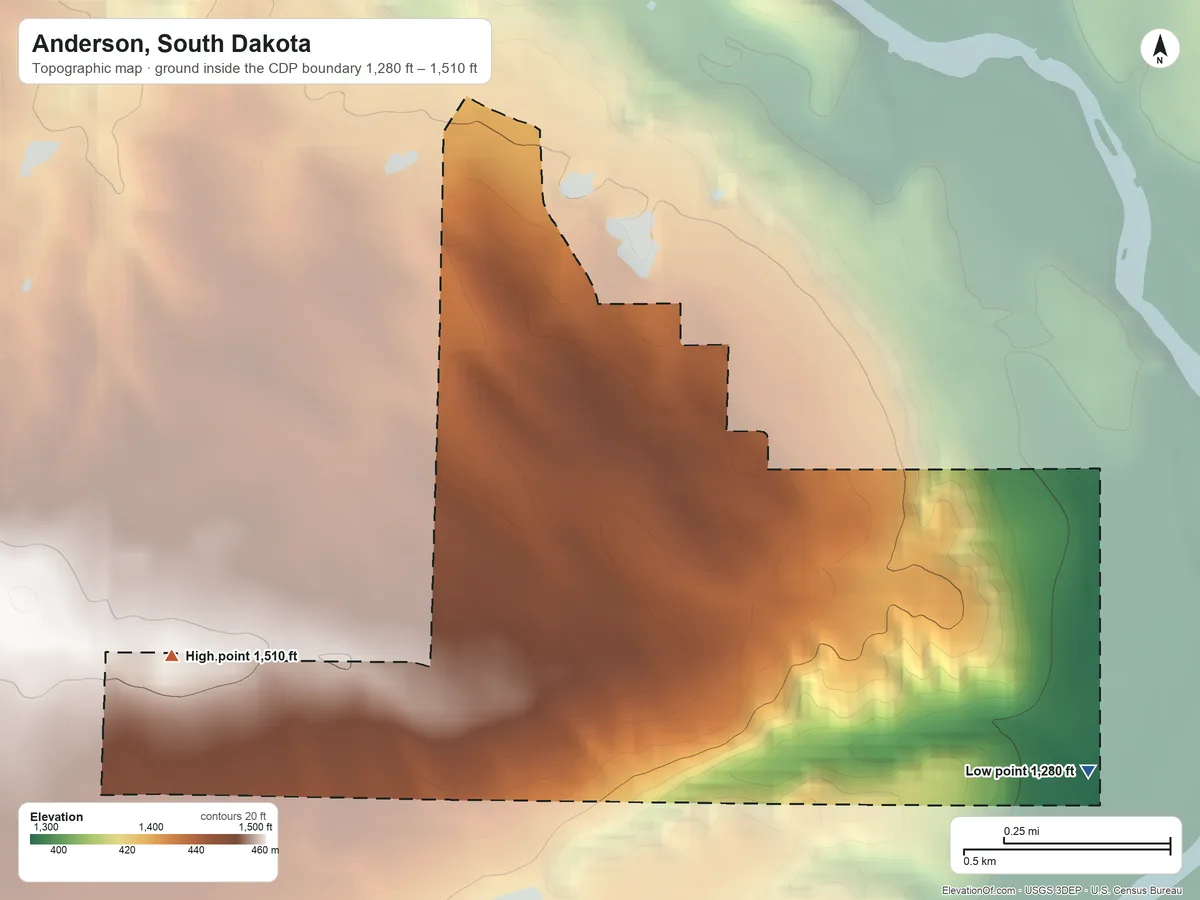 Topographic elevation map of Anderson, South Dakota, shaded from 1,280 ft on the east side to 1,510 ft on the west side