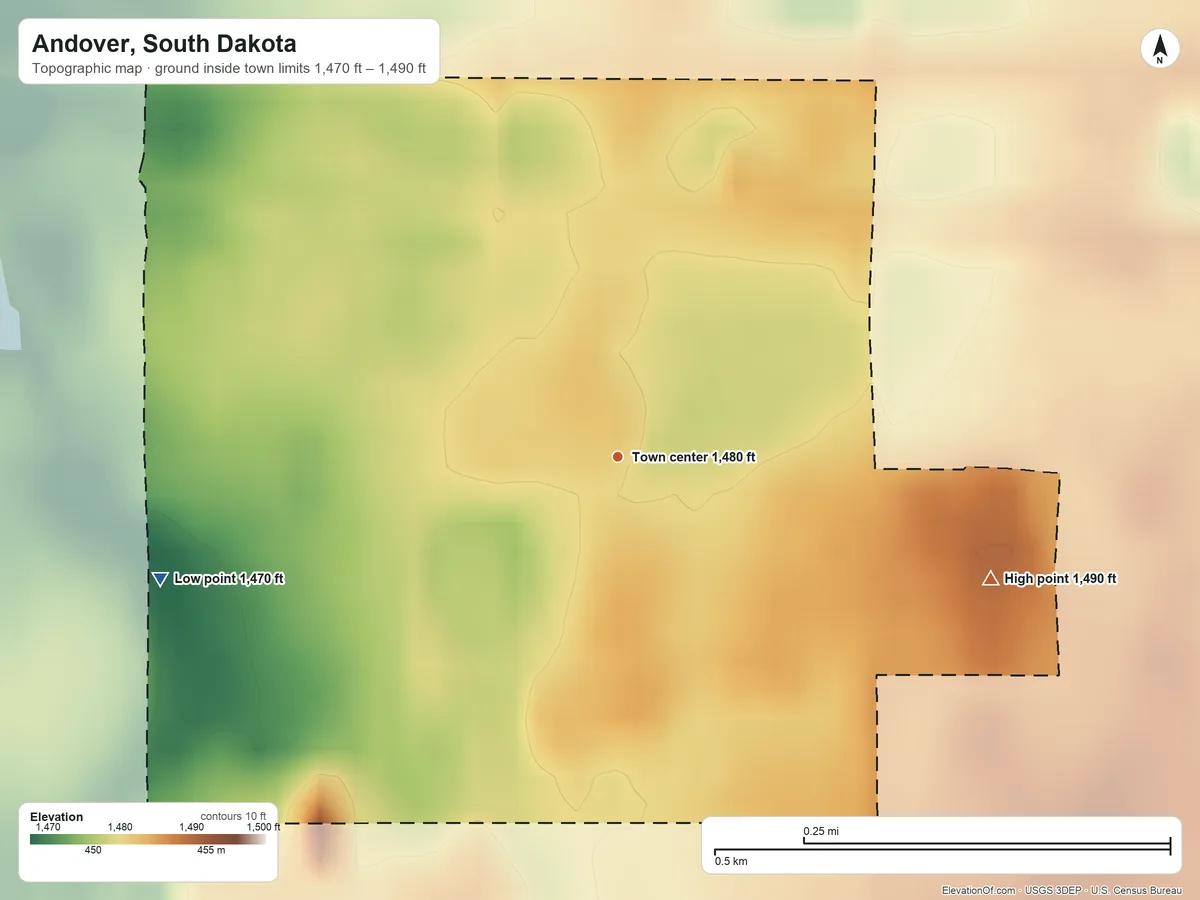 Topographic elevation map of Andover, South Dakota, shaded from 1,470 ft on the west side to 1,490 ft on the east side