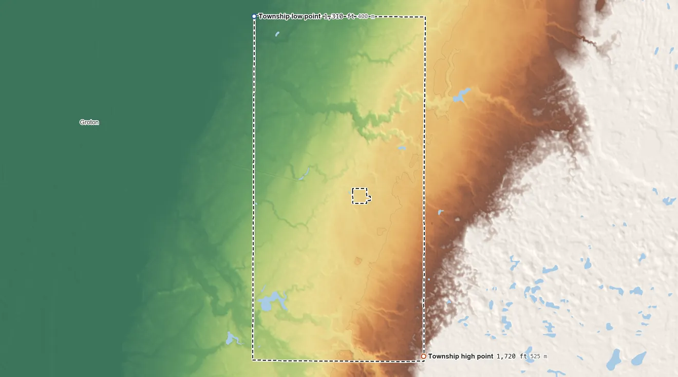 Topographic elevation map of Andover Township, South Dakota, shaded from 1,310 ft on the northwest side to 1,720 ft on the southeast side