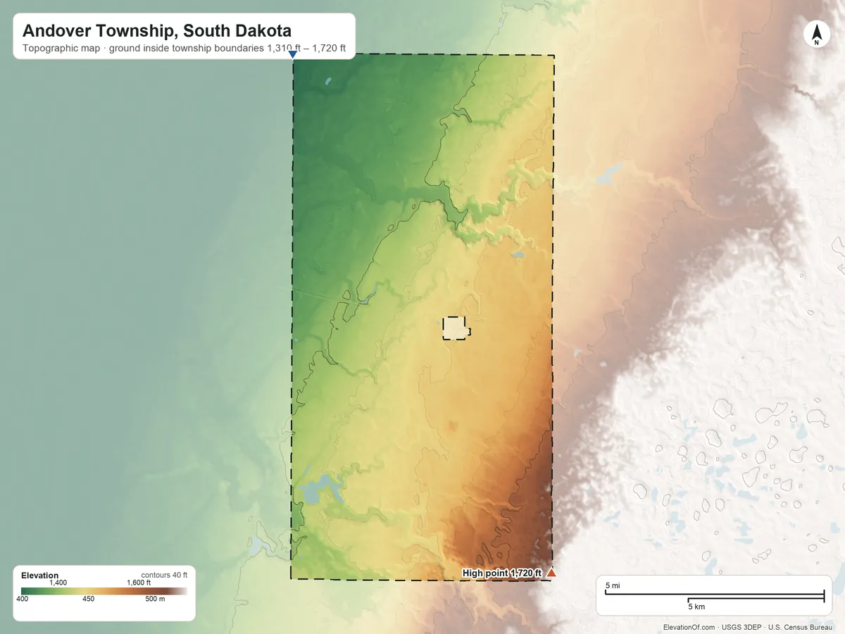 Topographic elevation map of Andover Township, South Dakota, shaded from 1,310 ft on the northwest side to 1,720 ft on the southeast side