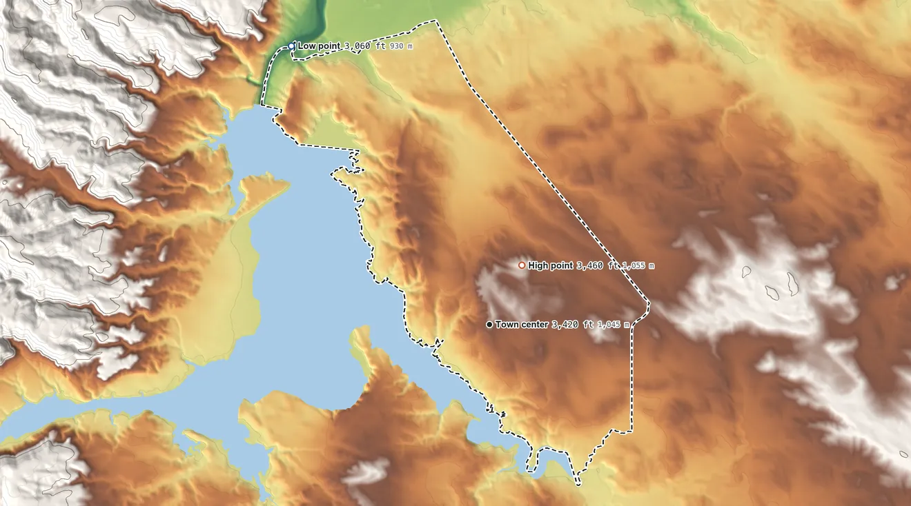 Topographic elevation map of Angostura, South Dakota, shaded from 3,060 ft on the northwest side to 3,460 ft on the northeast side