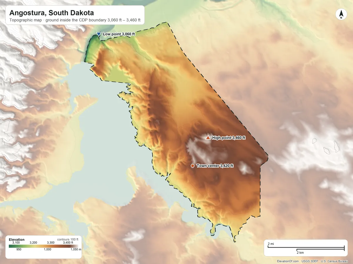 Topographic elevation map of Angostura, South Dakota, shaded from 3,060 ft on the northwest side to 3,460 ft on the northeast side