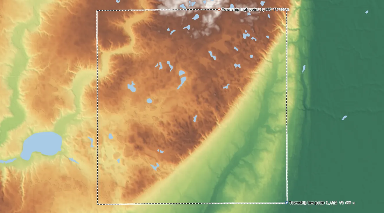 Topographic elevation map of Anina Township, South Dakota, shaded from 1,610 ft on the southeast side to 1,960 ft on the north side