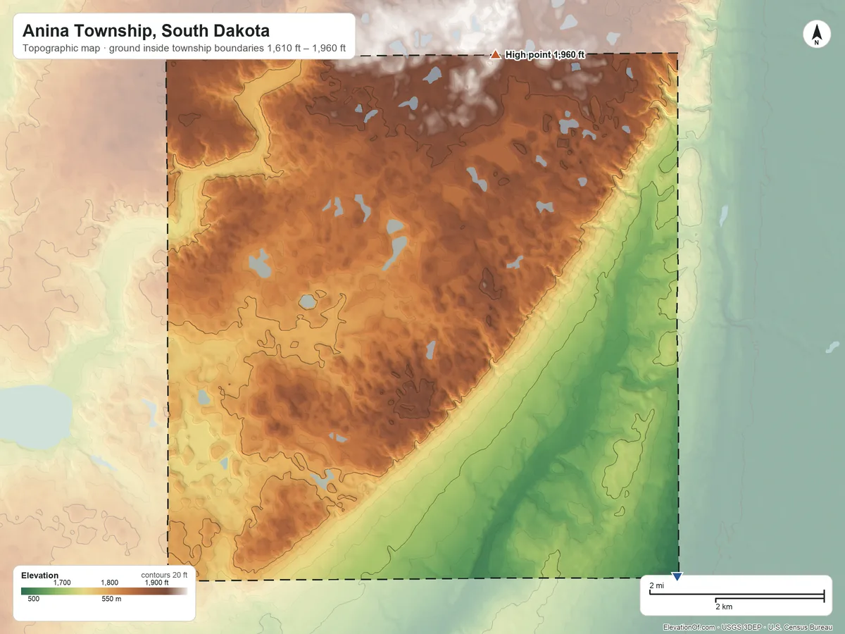 Topographic elevation map of Anina Township, South Dakota, shaded from 1,610 ft on the southeast side to 1,960 ft on the north side