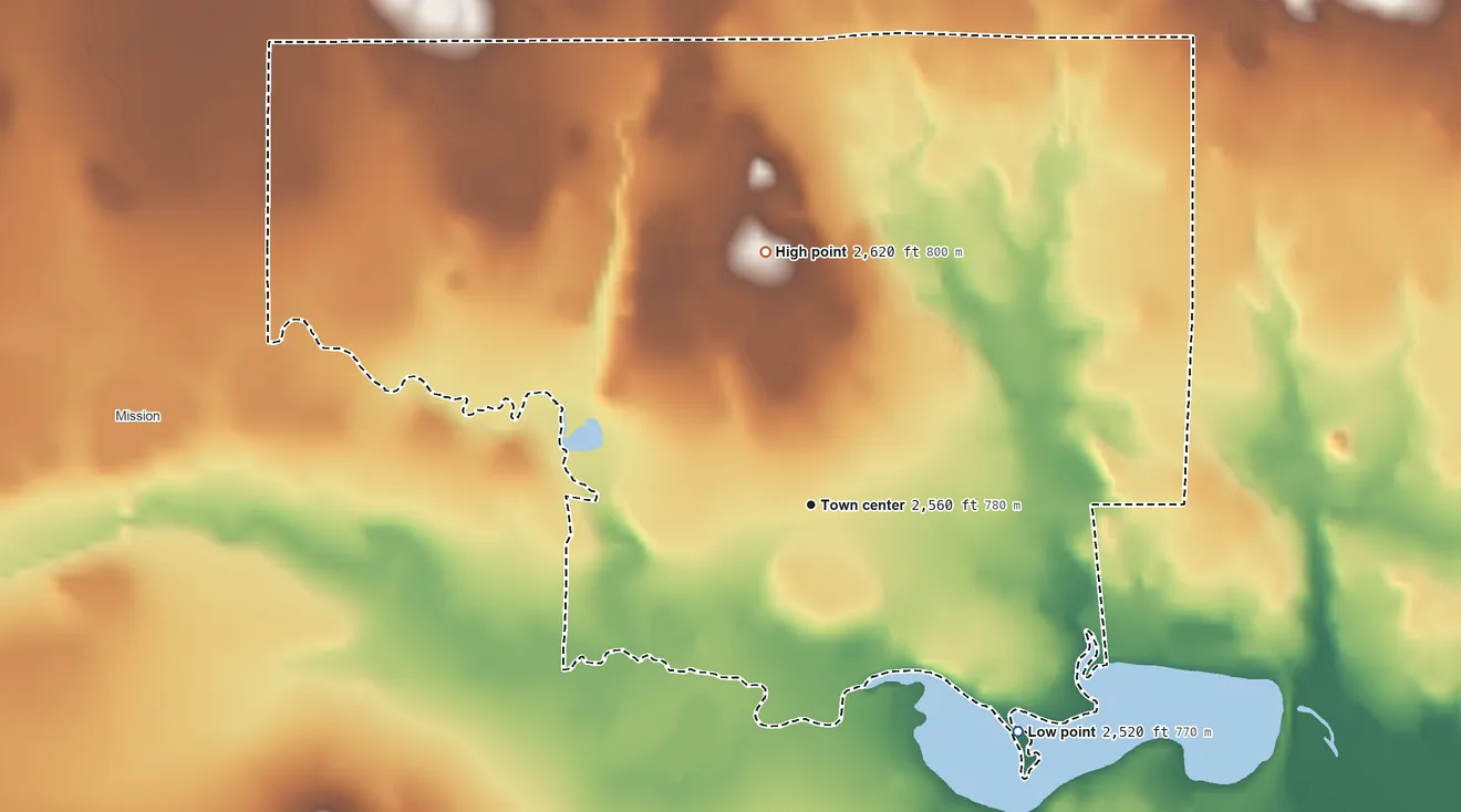 Topographic elevation map of Antelope, South Dakota, shaded from 2,520 ft on the southeast side to 2,620 ft on the north side