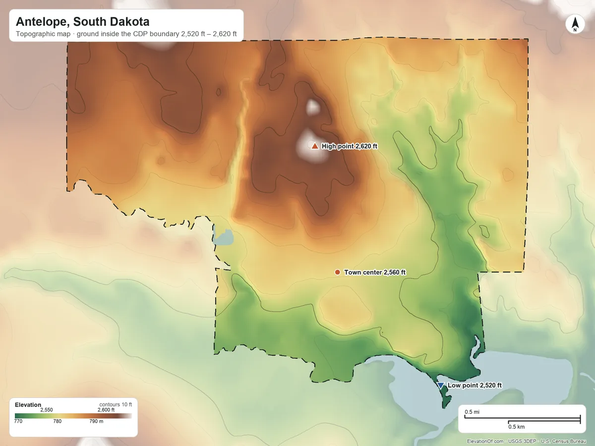Topographic elevation map of Antelope, South Dakota, shaded from 2,520 ft on the southeast side to 2,620 ft on the north side
