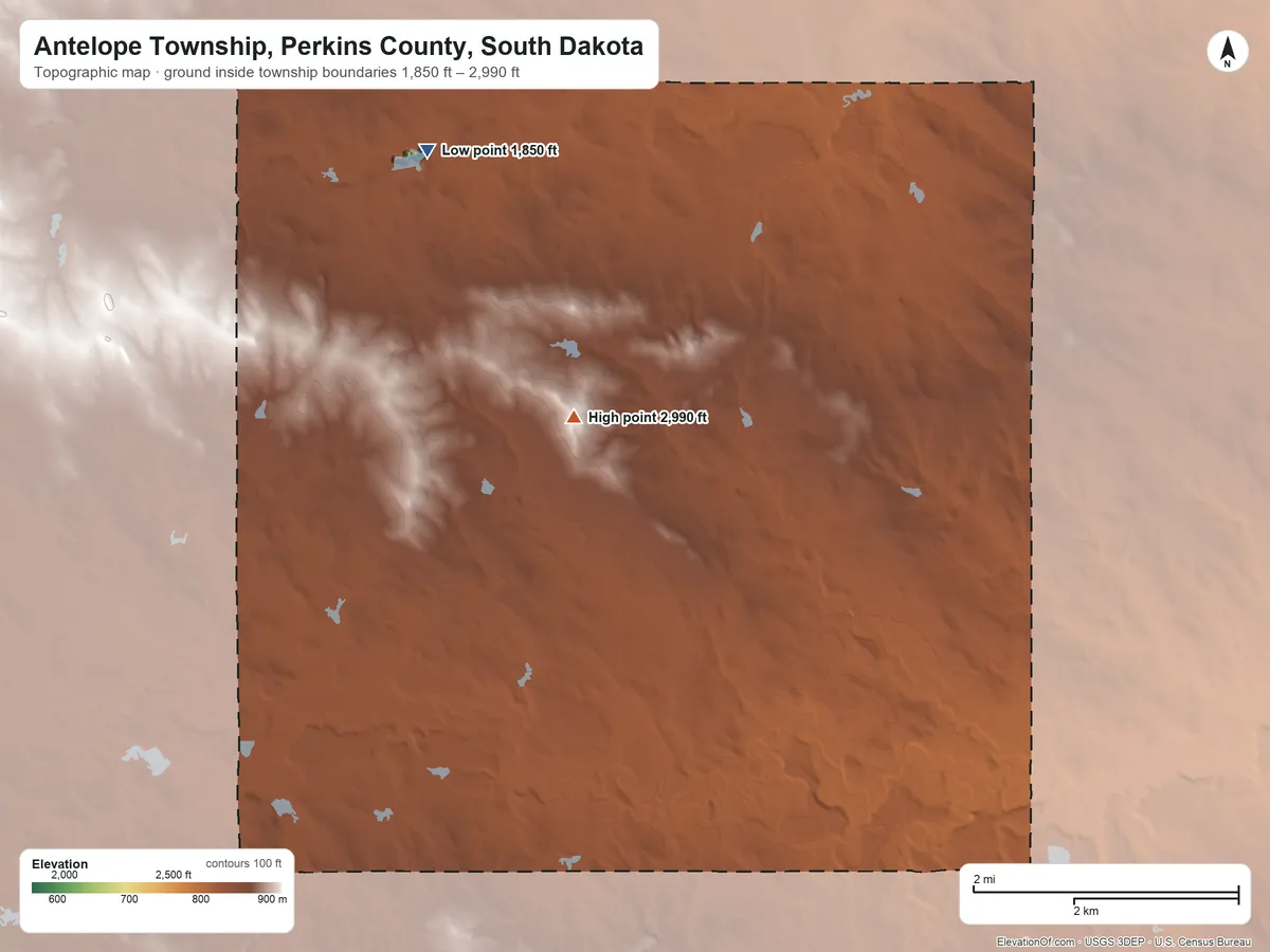 Topographic elevation map of Antelope Township, Perkins County, South Dakota, shaded from 1,850 ft on the northwest side to 2,990 ft on the west side