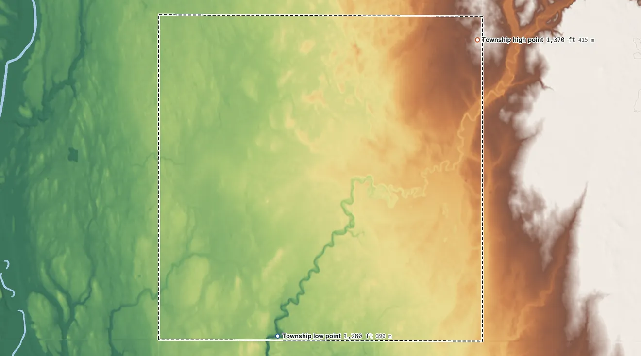 Topographic elevation map of Antelope Township, South Dakota, shaded from 1,280 ft on the south side to 1,370 ft on the northeast side