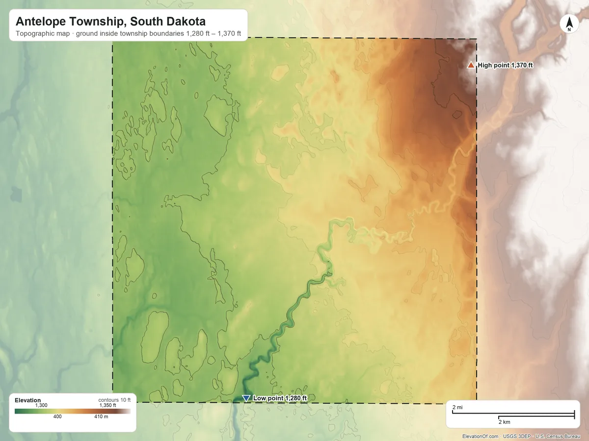 Topographic elevation map of Antelope Township, South Dakota, shaded from 1,280 ft on the south side to 1,370 ft on the northeast side