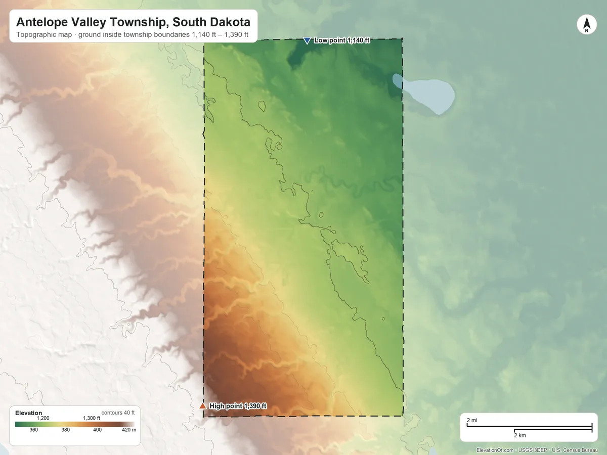 Topographic elevation map of Antelope Valley Township, South Dakota, shaded from 1,140 ft on the north side to 1,390 ft on the southwest side