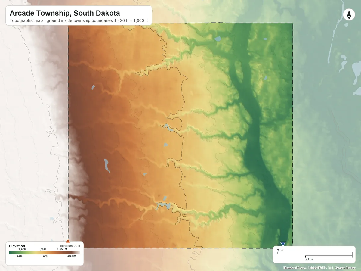 Topographic elevation map of Arcade Township, South Dakota, shaded from 1,420 ft on the southeast side to 1,600 ft on the southwest side
