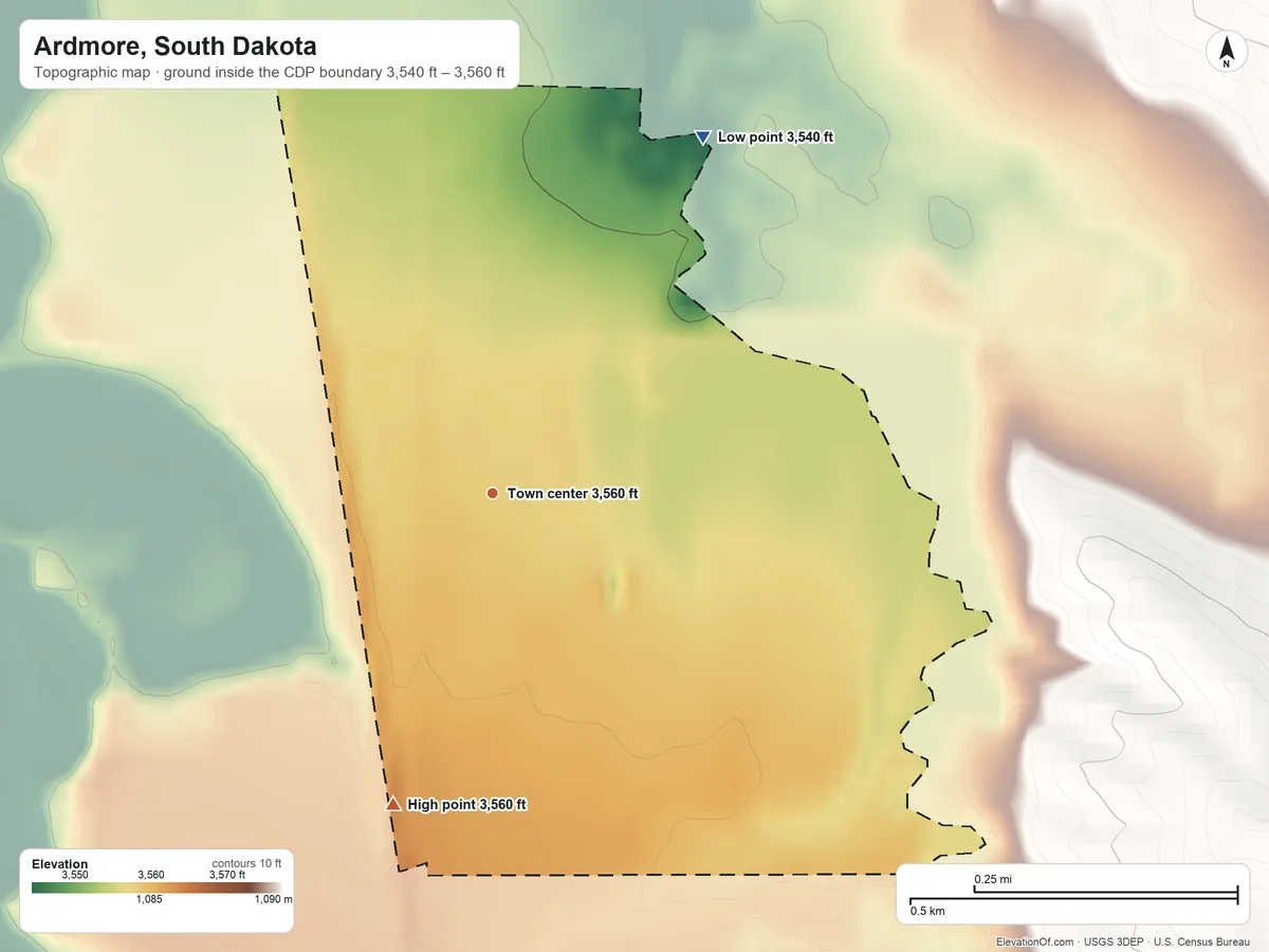 Topographic elevation map of Ardmore, South Dakota, shaded from 3,540 ft on the northeast side to 3,560 ft on the south side