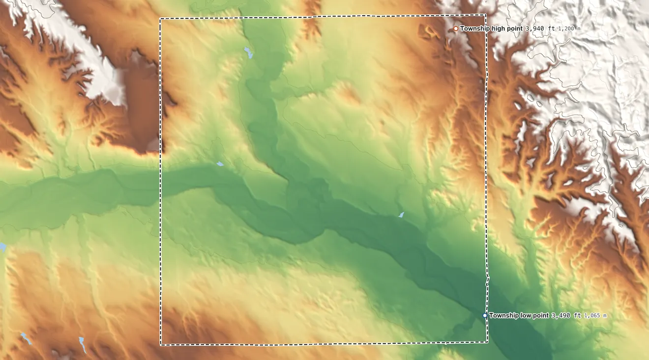 Topographic elevation map of Argentine Township, South Dakota, shaded from 3,490 ft on the southeast side to 3,940 ft on the northeast edge, below higher ground just outside