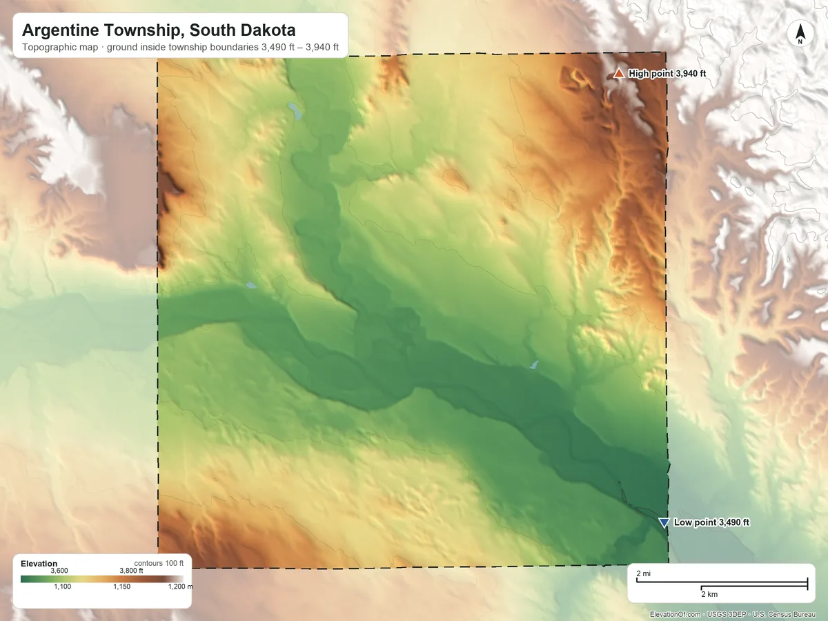 Topographic elevation map of Argentine Township, South Dakota, shaded from 3,490 ft on the southeast side to 3,940 ft on the northeast edge, below higher ground just outside