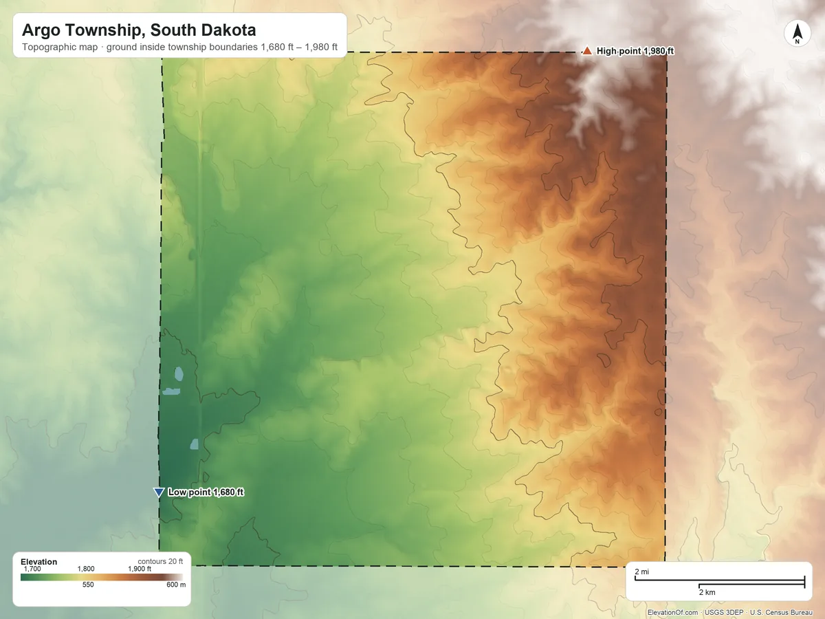 Topographic elevation map of Argo Township, South Dakota, shaded from 1,680 ft on the west side to 1,980 ft on the northeast side