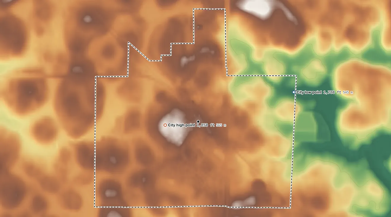 Topographic elevation map of Arlington, South Dakota, shaded from 1,780 ft on the east side to 1,850 ft on the west side