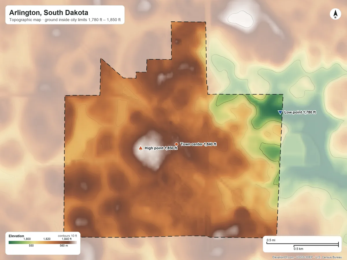 Topographic elevation map of Arlington, South Dakota, shaded from 1,780 ft on the east side to 1,850 ft on the west side