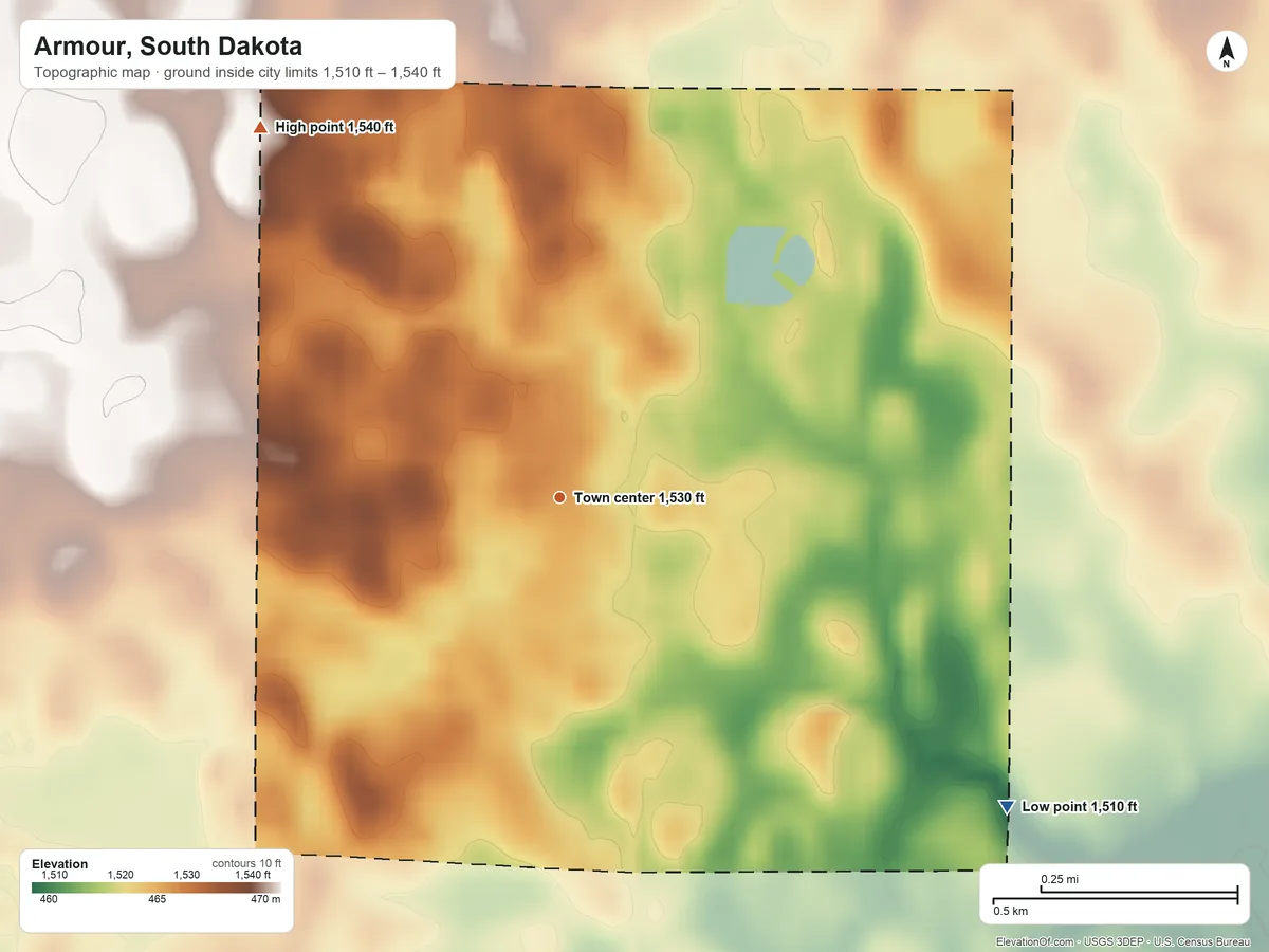 Topographic elevation map of Armour, South Dakota, shaded from 1,510 ft on the southeast side to 1,540 ft on the northwest side