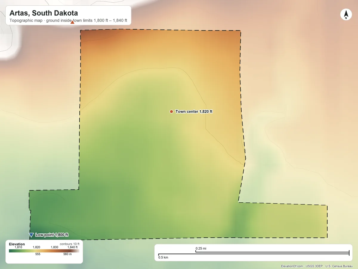 Topographic elevation map of Artas, South Dakota, shaded from 1,800 ft on the southwest side to 1,840 ft on the northwest side