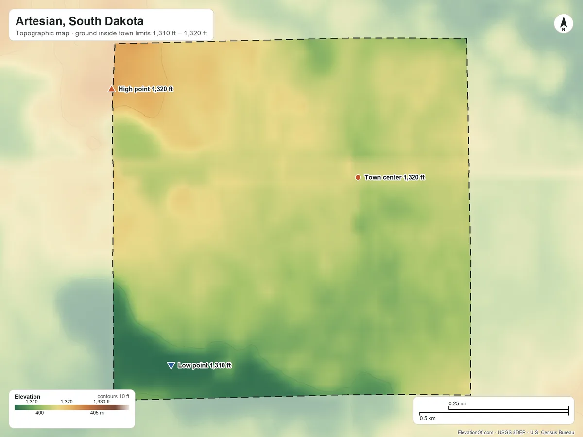 Topographic elevation map of Artesian, South Dakota, shaded from 1,310 ft on the southwest side to 1,320 ft on the west side