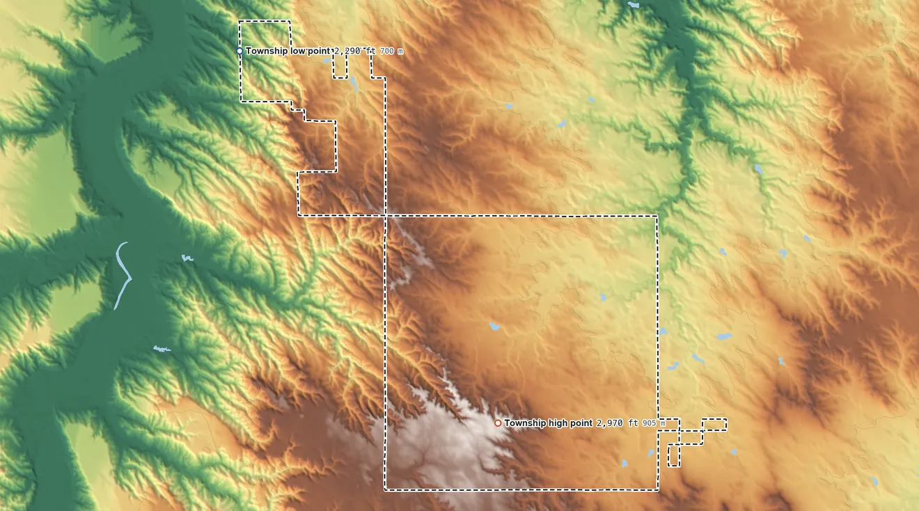 Topographic elevation map of Ash Township, Pennington County, South Dakota, shaded from 2,290 ft on the northwest side to 2,970 ft on the southwest side