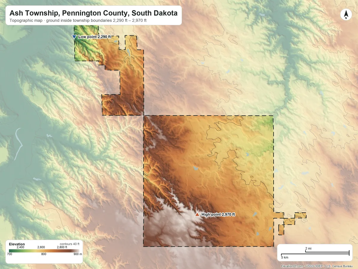 Topographic elevation map of Ash Township, Pennington County, South Dakota, shaded from 2,290 ft on the northwest side to 2,970 ft on the southwest side