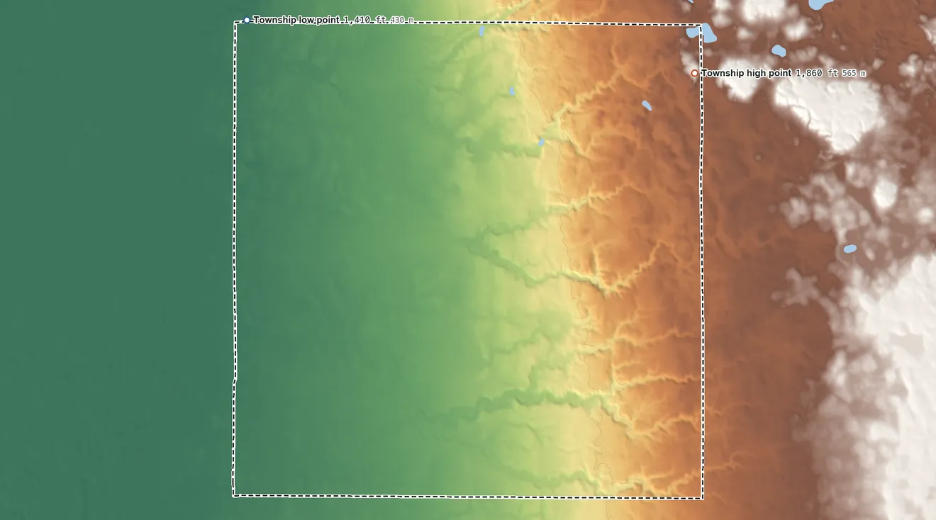 Topographic elevation map of Ash Township, South Dakota, shaded from 1,410 ft on the west side to 1,860 ft on the east side