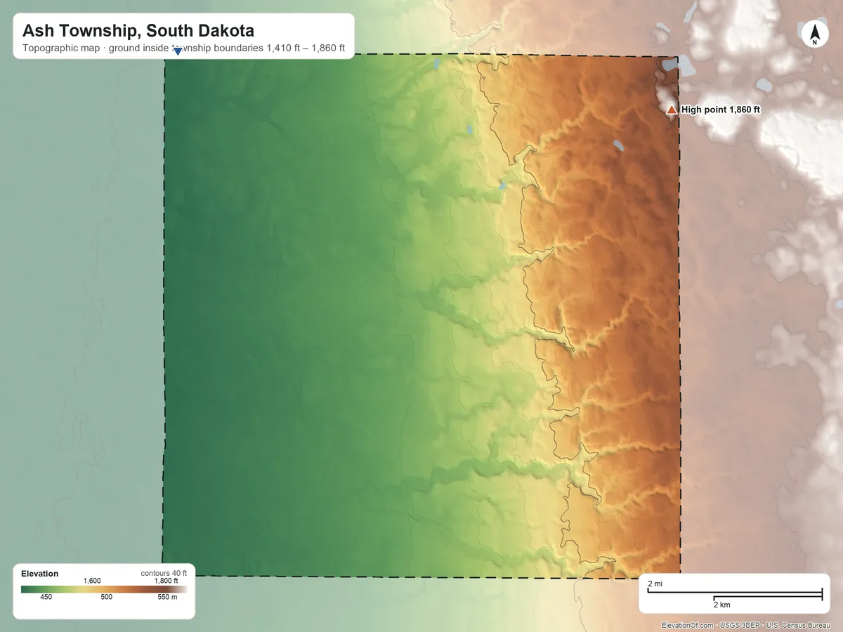 Topographic elevation map of Ash Township, South Dakota, shaded from 1,410 ft on the west side to 1,860 ft on the east side