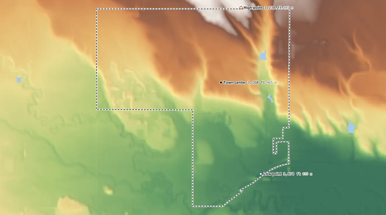 Topographic elevation map of Ashland Heights, South Dakota, shaded from 3,070 ft on the southeast side to 3,230 ft on the north side