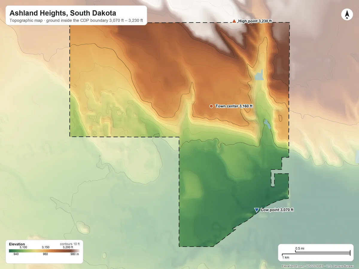 Topographic elevation map of Ashland Heights, South Dakota, shaded from 3,070 ft on the southeast side to 3,230 ft on the north side