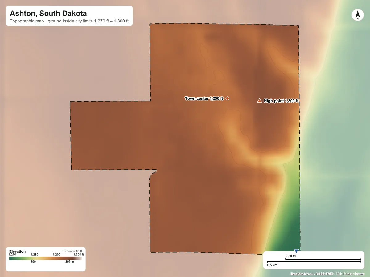 Topographic elevation map of Ashton, South Dakota, shaded from 1,270 ft on the southeast side to 1,300 ft near the middle