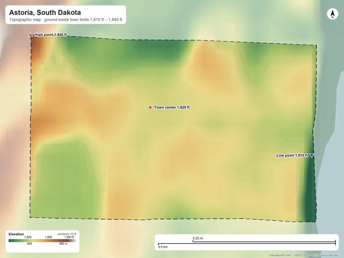 Topographic elevation map of Astoria, South Dakota, shaded from 1,810 ft on the east side to 1,840 ft on the northwest side