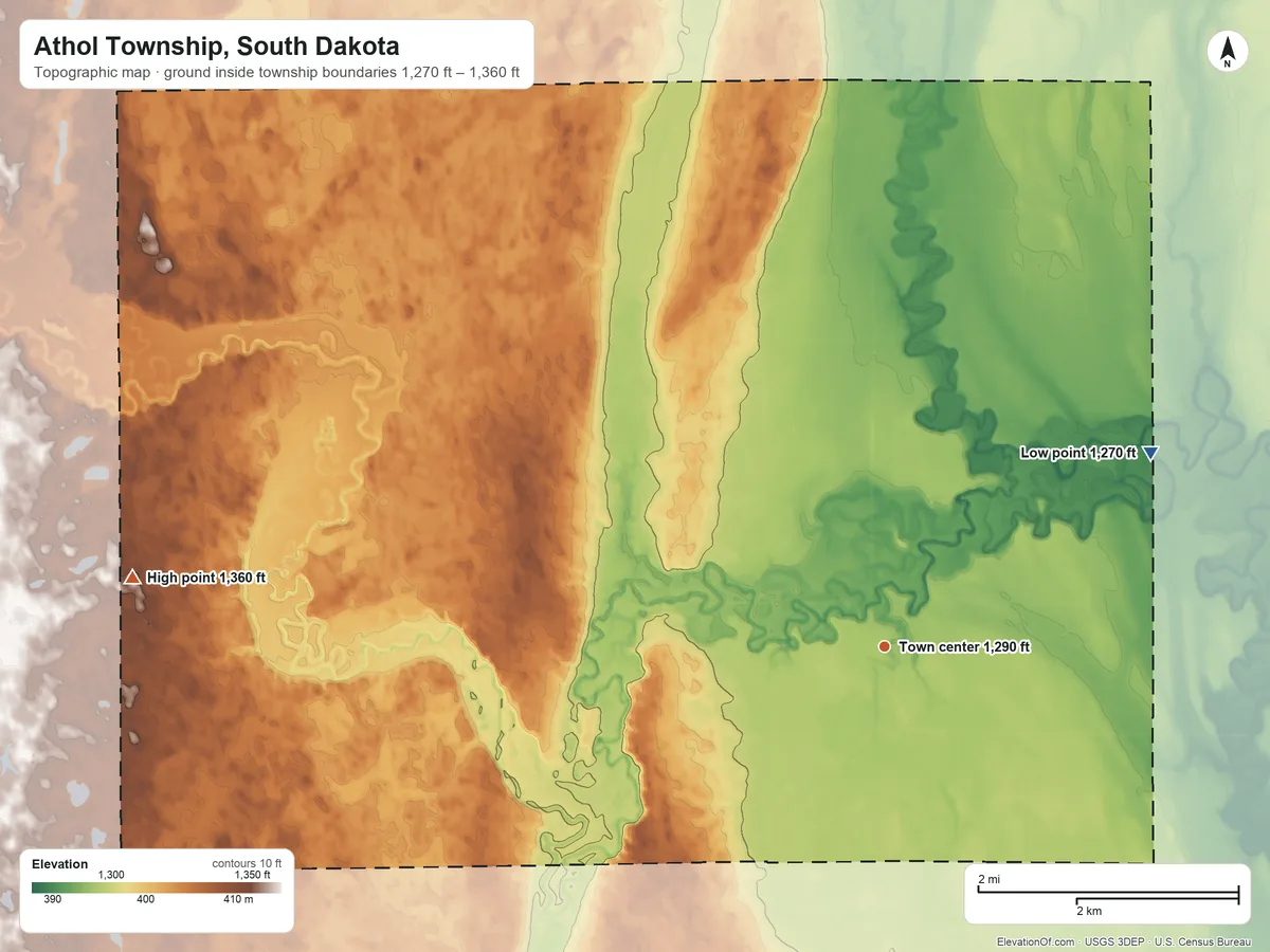 Topographic elevation map of Athol Township, South Dakota, shaded from 1,270 ft on the northeast side to 1,360 ft on the west side