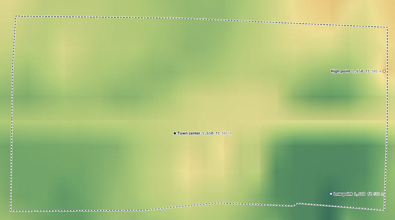Topographic elevation map of Aurora Center, South Dakota, shaded from 1,640 ft on the east side to 1,650 ft on the east side