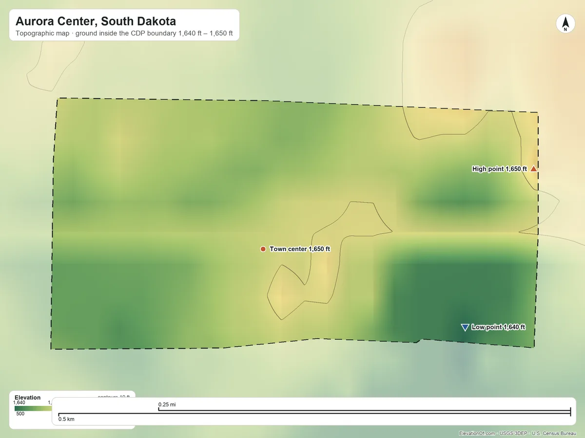 Topographic elevation map of Aurora Center, South Dakota, shaded from 1,640 ft on the east side to 1,650 ft on the east side