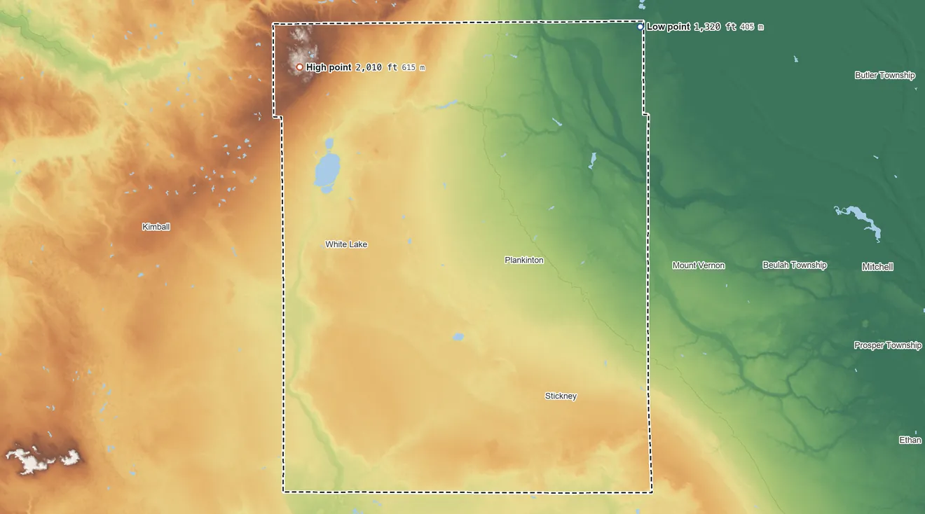 Topographic elevation map of Aurora County, South Dakota, shaded from 1,320 ft on the northeast side to 2,010 ft on the northwest side