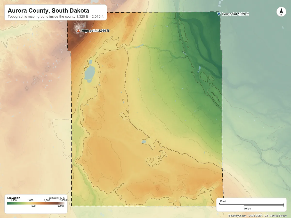 Topographic elevation map of Aurora County, South Dakota, shaded from 1,320 ft on the northeast side to 2,010 ft on the northwest side
