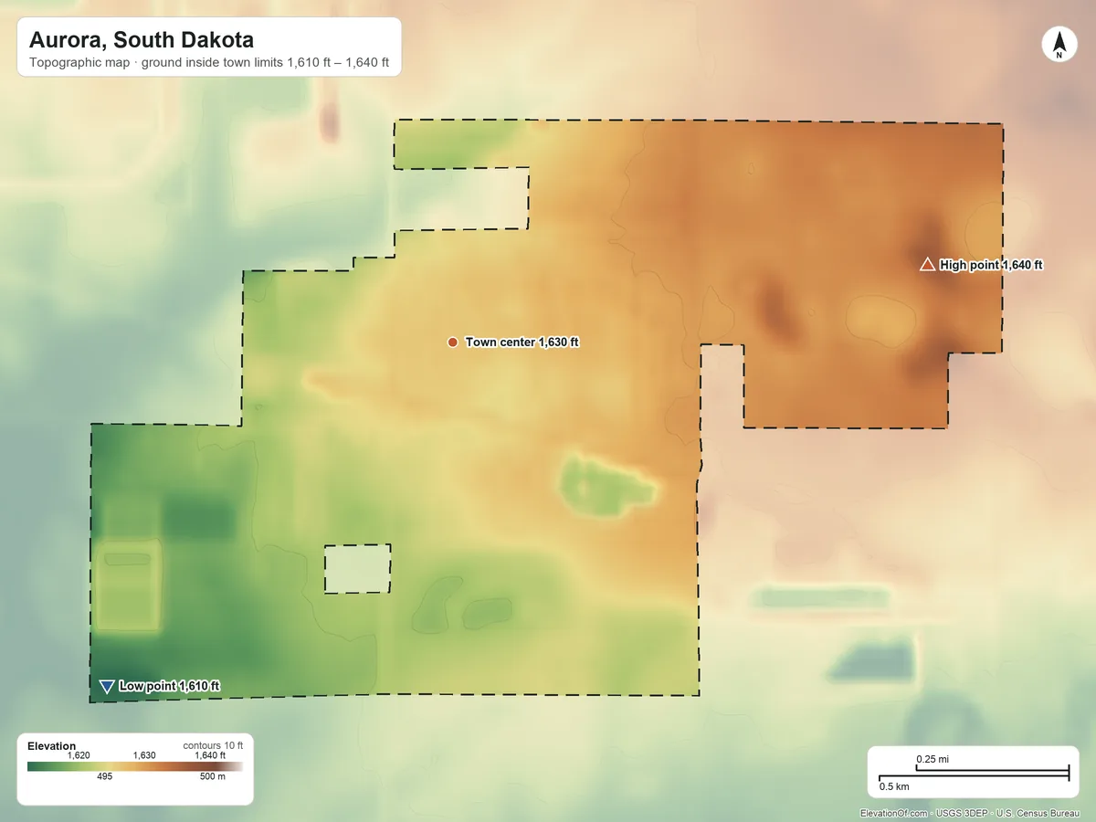 Topographic elevation map of Aurora, South Dakota, shaded from 1,610 ft on the southwest side to 1,640 ft on the east side
