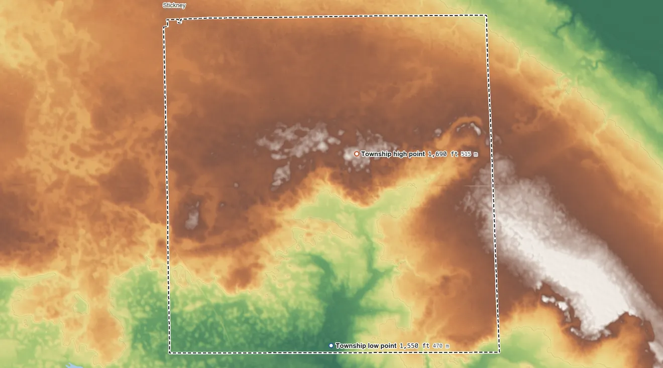 Topographic elevation map of Aurora Township, Aurora County, South Dakota, shaded from 1,550 ft on the south side to 1,690 ft near the middle